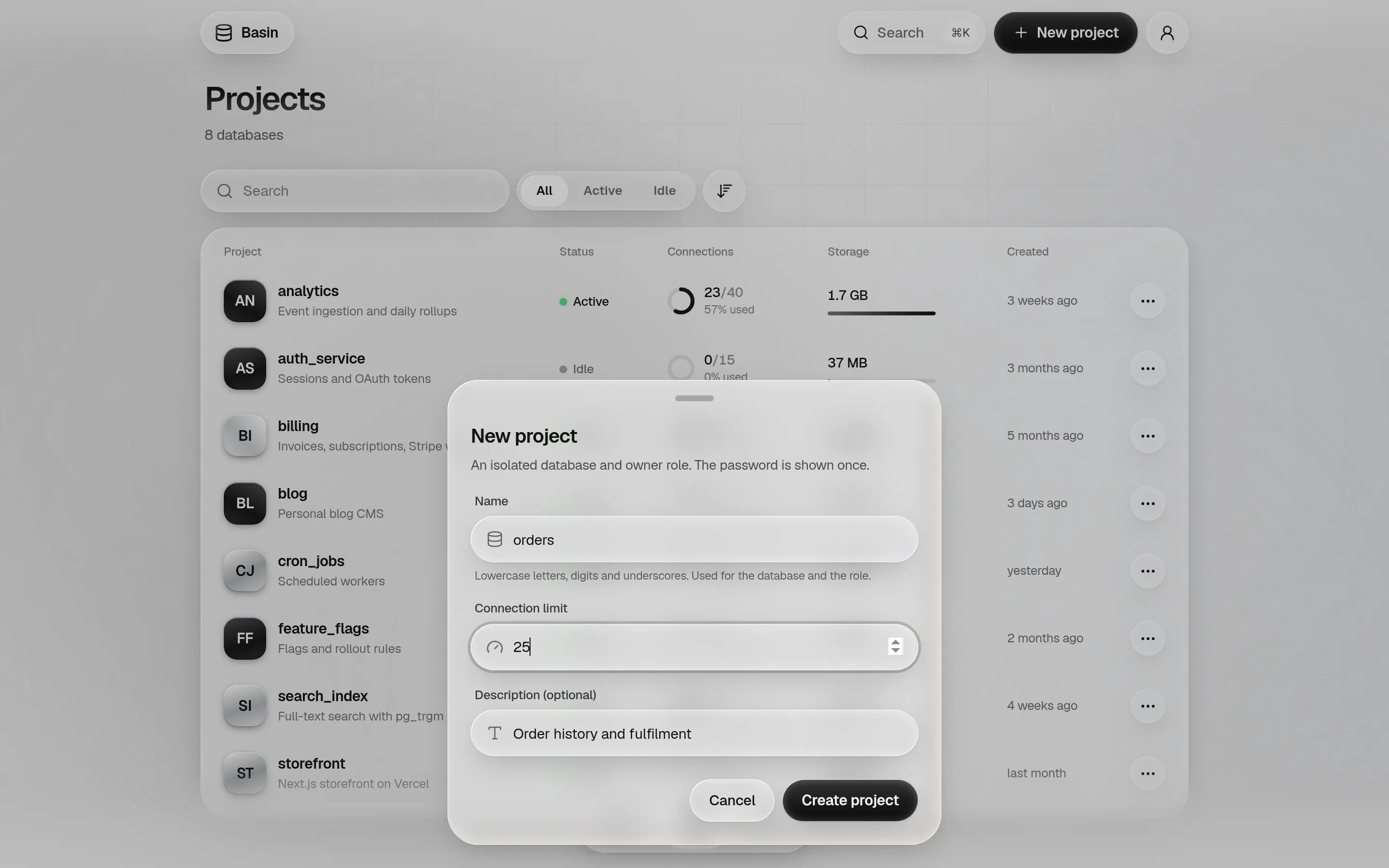 The new project sheet with a name, a connection limit of 25 and a description.