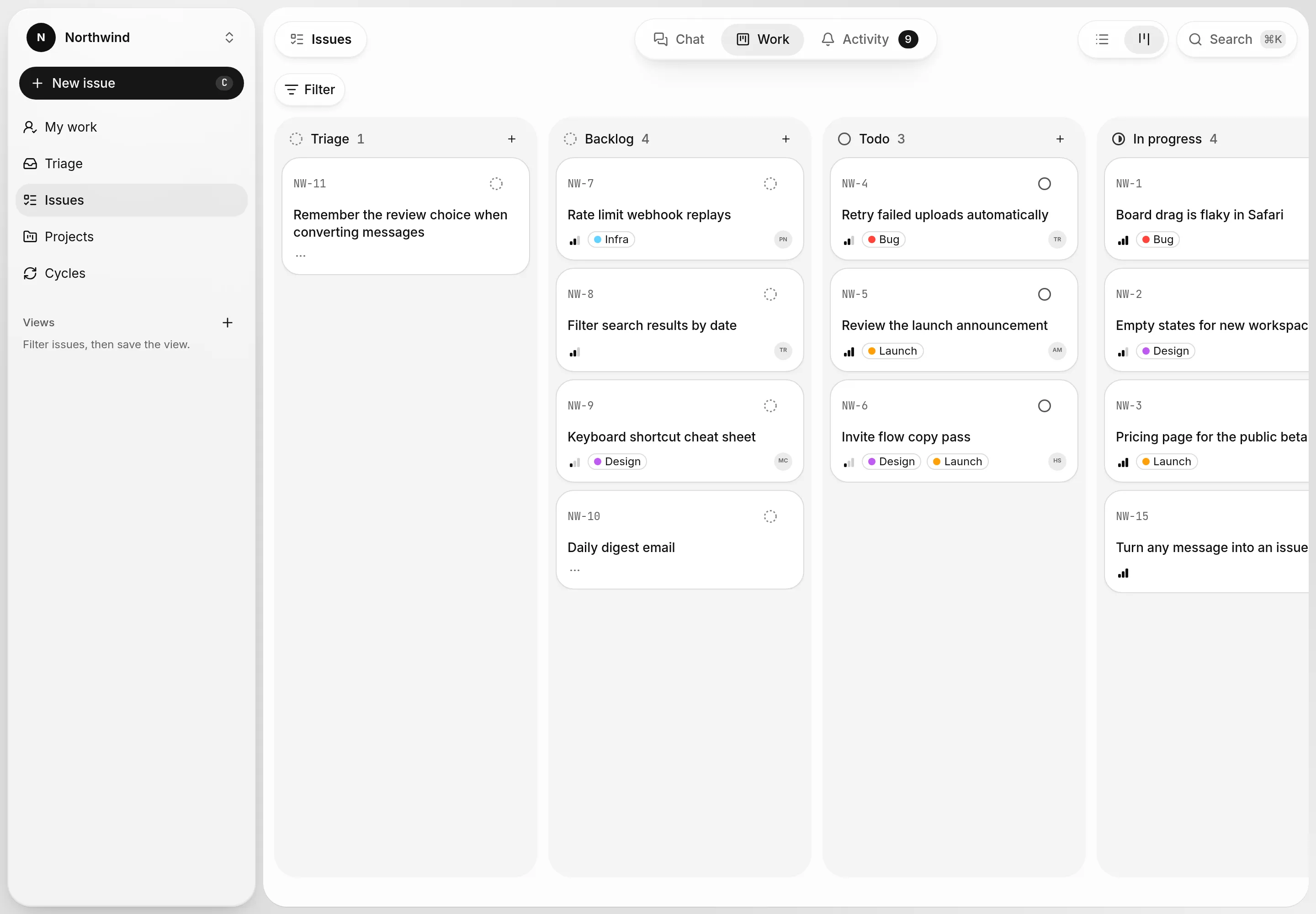 The Northwind issues board with Triage, Backlog, Todo and In progress columns.