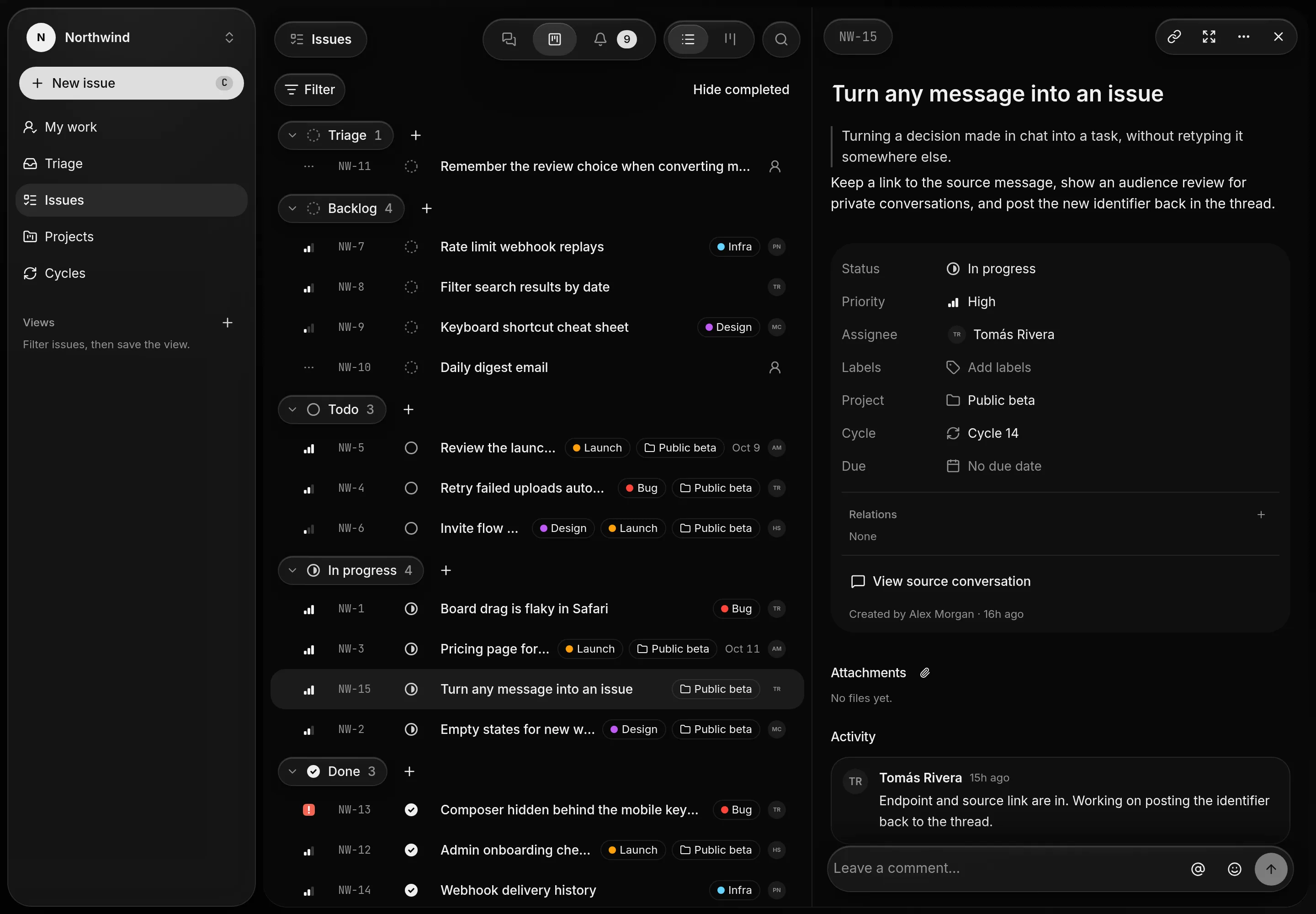 An issue open beside the issue list, showing status, priority, project, cycle and its activity.